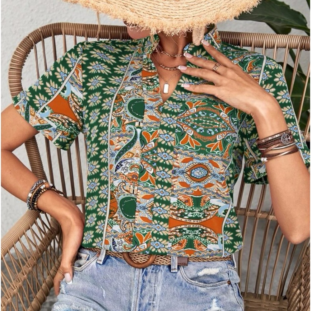 Boho Floral Paisley Print Top Blouse Shirt Green - Picture 5 of 16